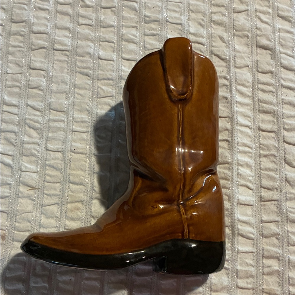 Stylistic ceramic cowboy boot brown & black vase/decor